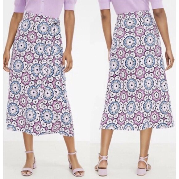 LOFT Dresses & Skirts - Loft Linen Wrap Skirt Women 10 Pink Blue Mosaic Floral Midi Linen/Viscose New